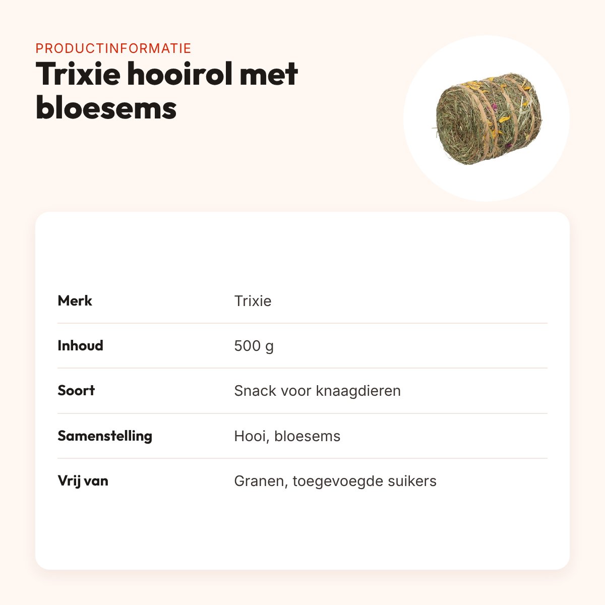 Trixie hooirol met bloesems 500 g – snack voor knaagdieren – productinformatie