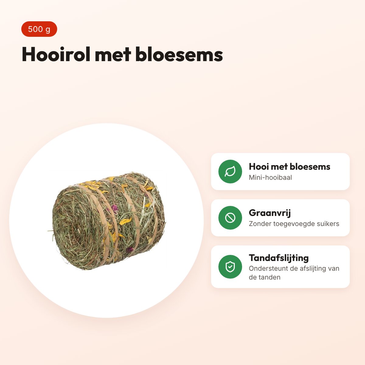 Trixie hooirol met bloesems 500 g – snack voor knaagdieren – voordelen