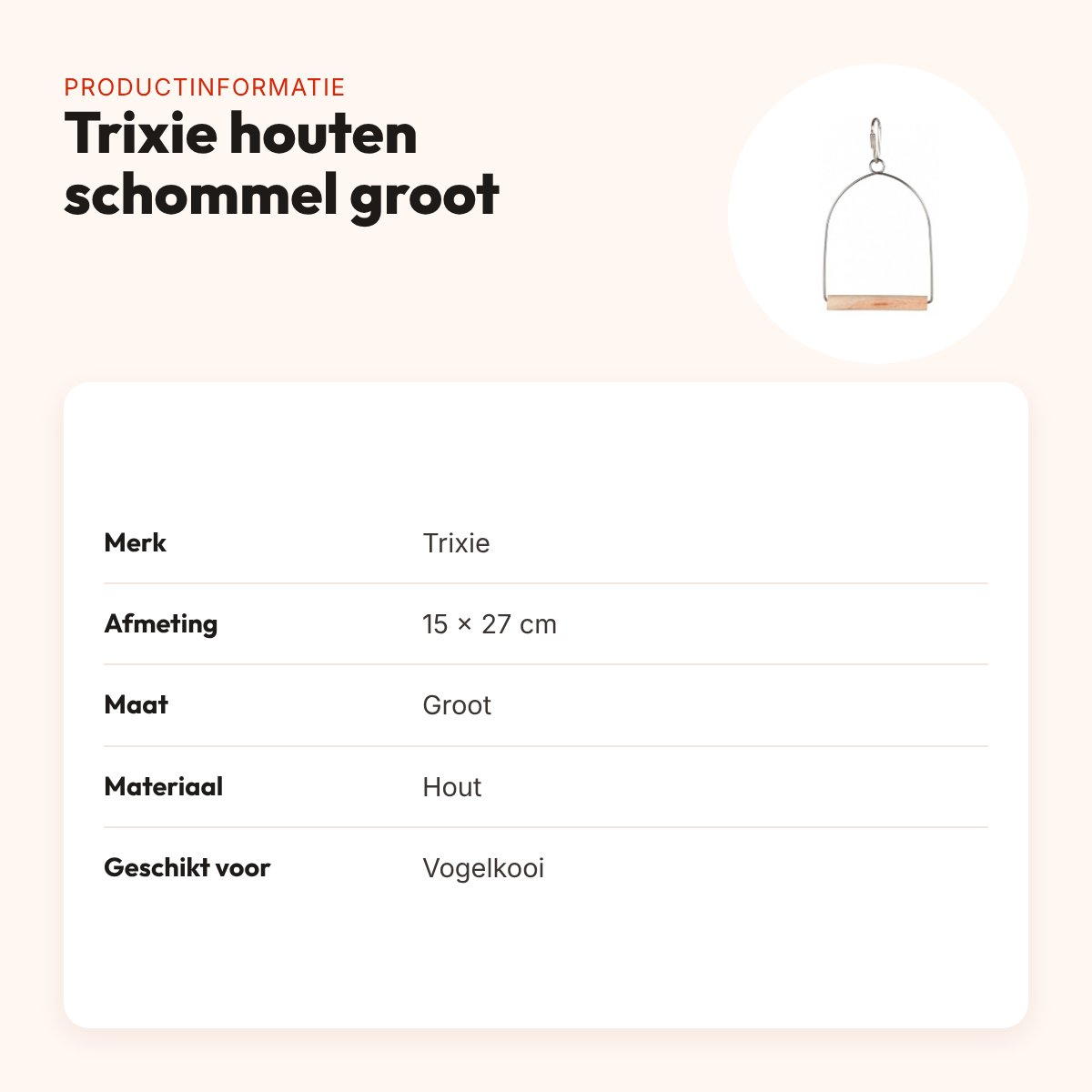 Trixie houten schommel groot 15 x 27 cm – voor vogelkooi – productinformatie