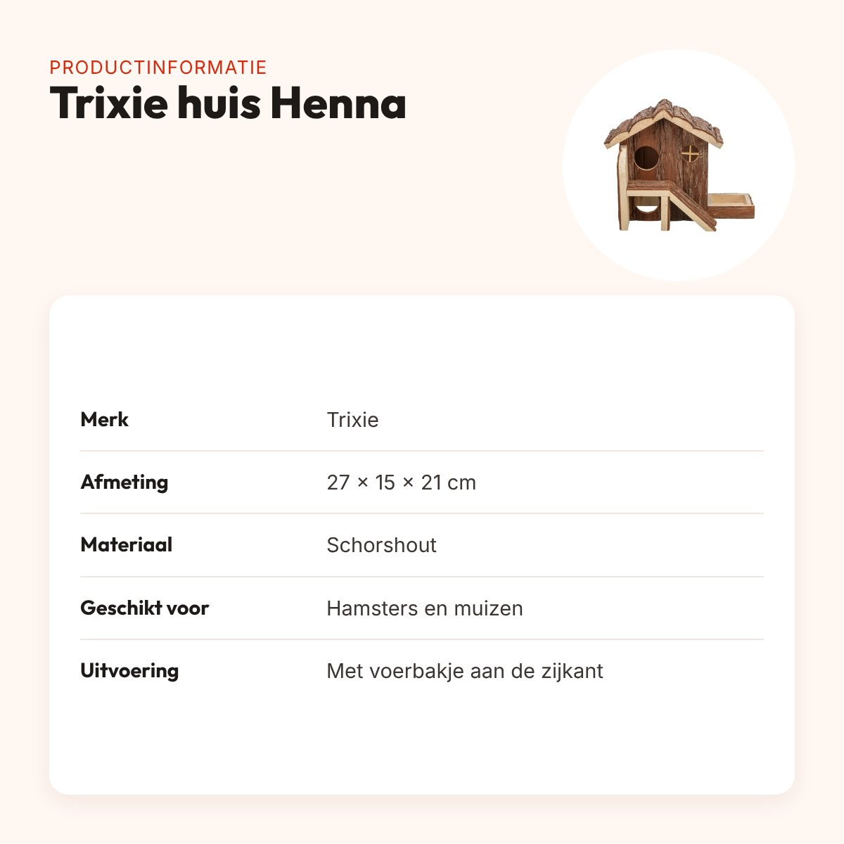 Trixie huis Henna 27 x 15 x 21 cm – schorshout, voor hamsters – productinformatie
