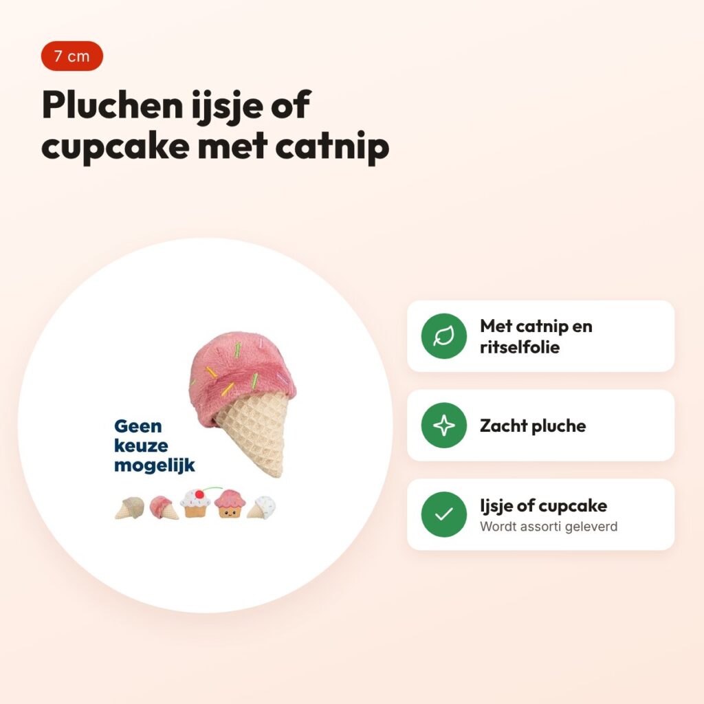 Trixie ijsje of cupcake van pluche met catnip 7 cm – assorti – voordelen