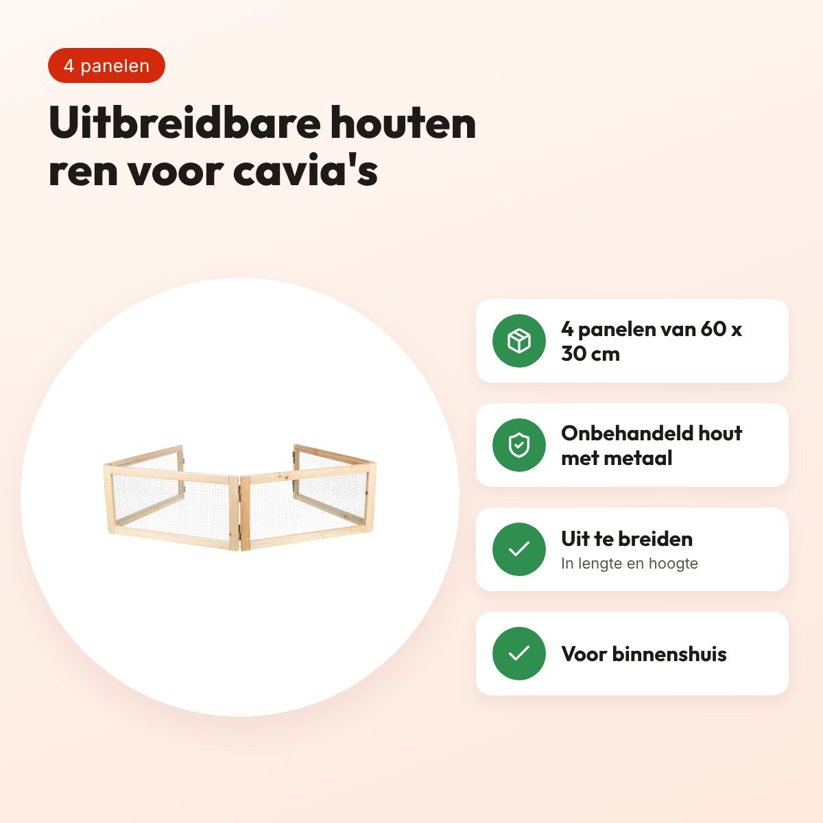 Trixie Indoor ren cavia 4 panelen 4 x 60 x 30 cm – hout, uitbreidbaar – voordelen