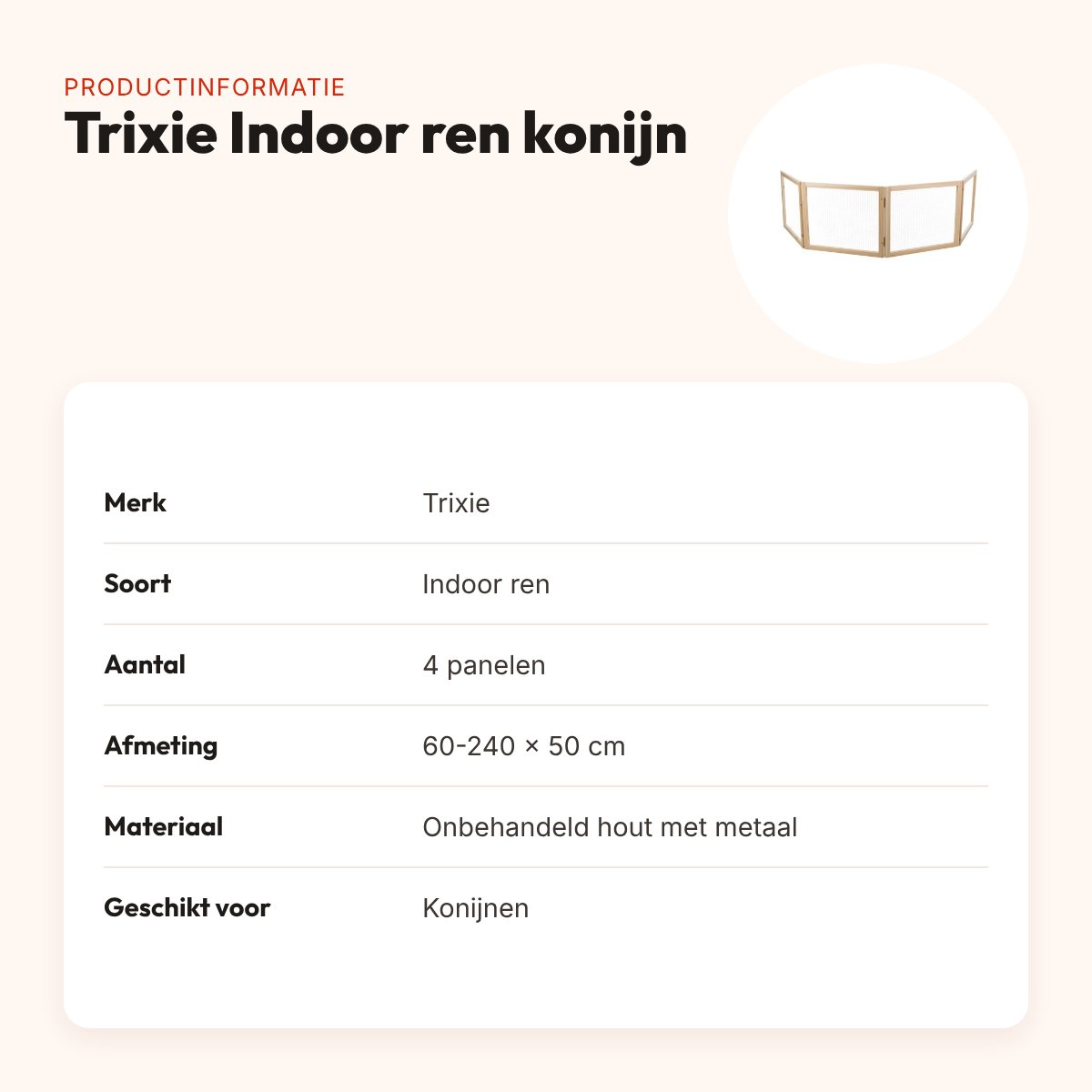 Trixie Indoor ren konijn 4 panelen hout 60-240 x 50 cm – uitbreidbaar – productinformatie