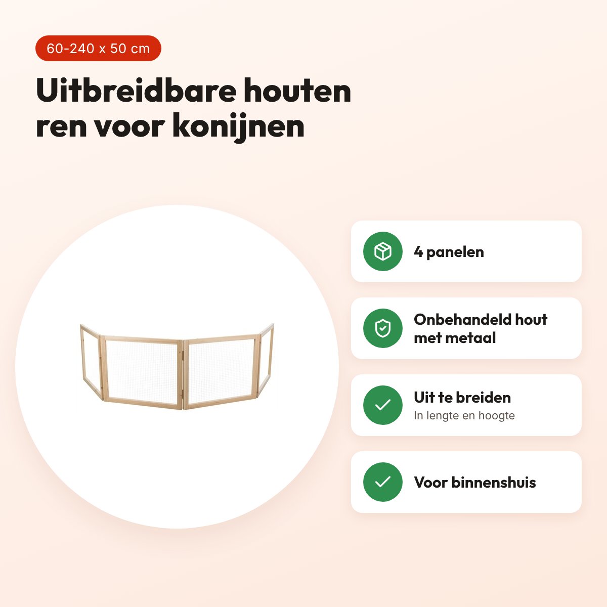 Trixie Indoor ren konijn 4 panelen hout 60-240 x 50 cm – uitbreidbaar – voordelen