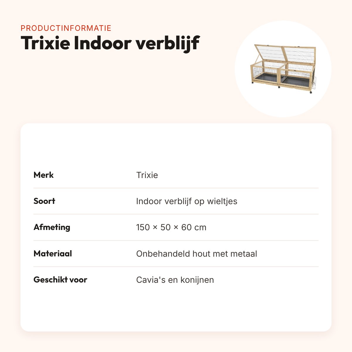 Trixie Indoor verblijf cavia's en konijnen 150 x 50 x 60 cm – wieltjes – productinformatie