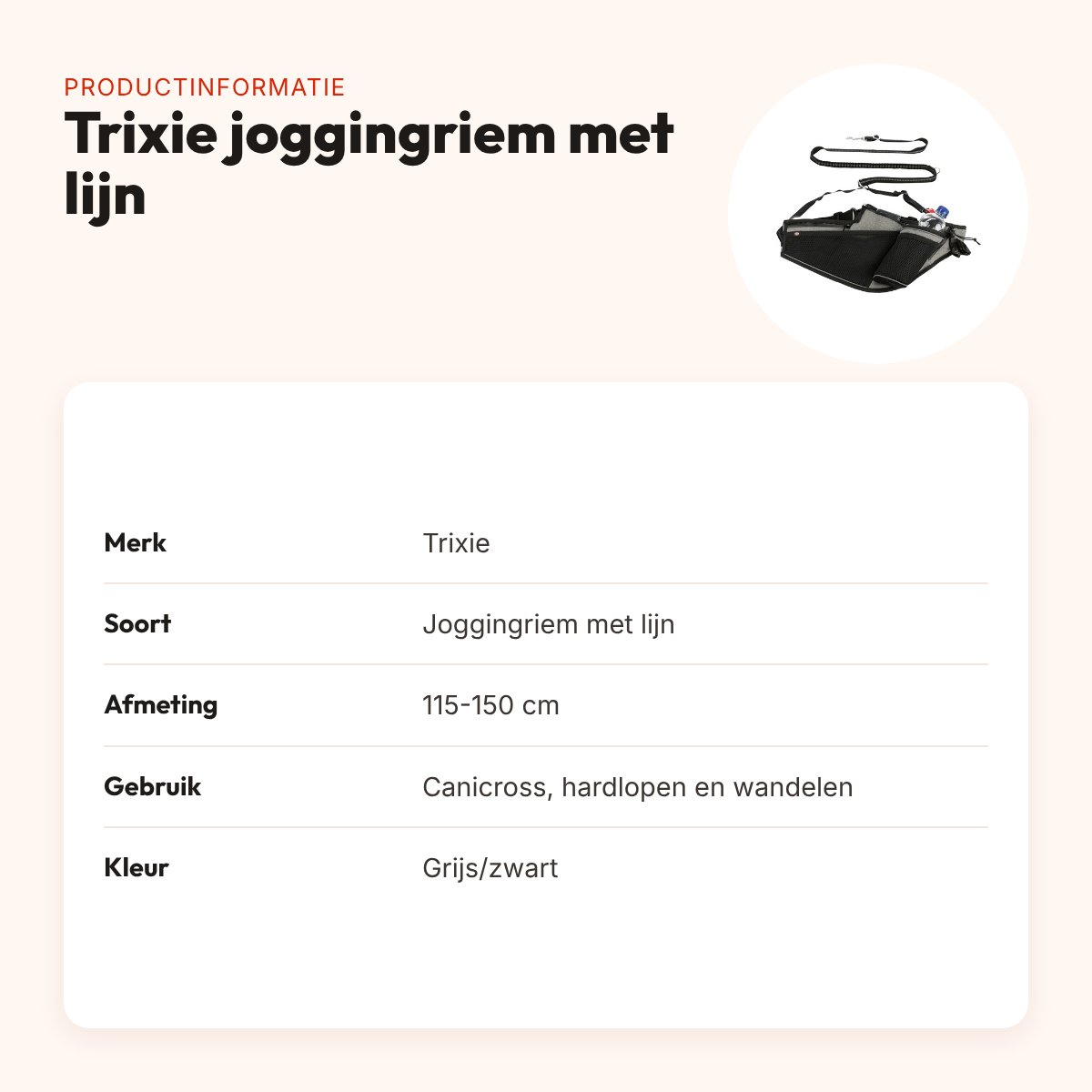Trixie joggingriem met lijn grijs/zwart 115-150 cm – voor canicross – productinformatie