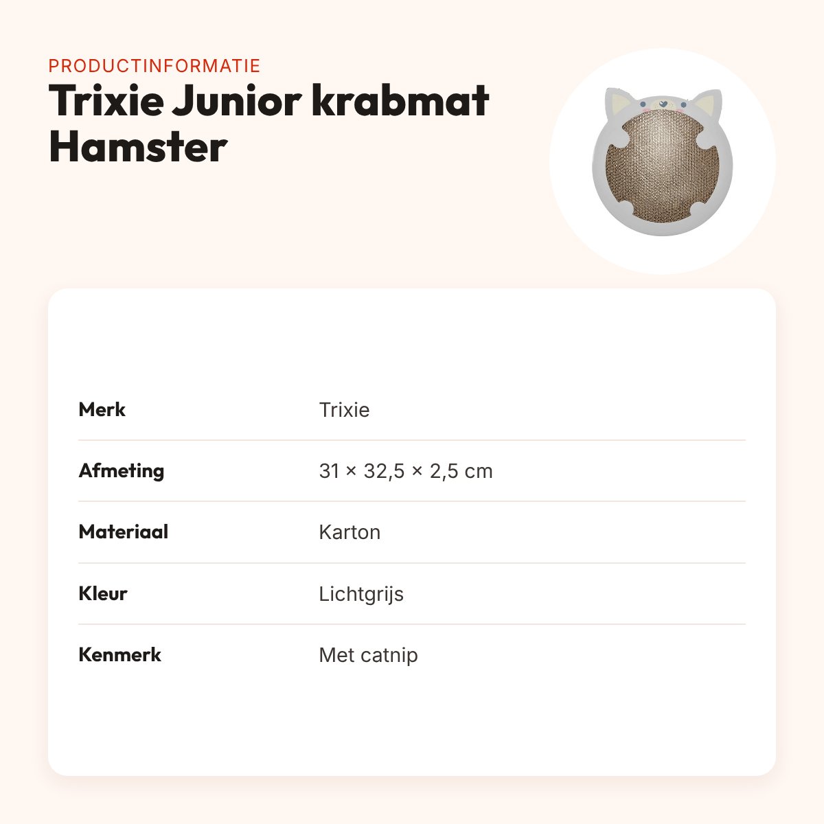 Trixie Junior krabmat Hamster met catnip lichtgrijs 31 x 32,5 x 2,5 cm – productinformatie