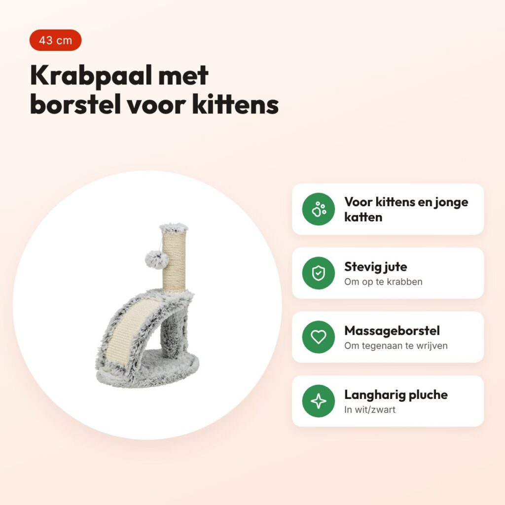 Trixie Junior krabpaal Harvey met borstel wit/zwart 43 cm – voordelen