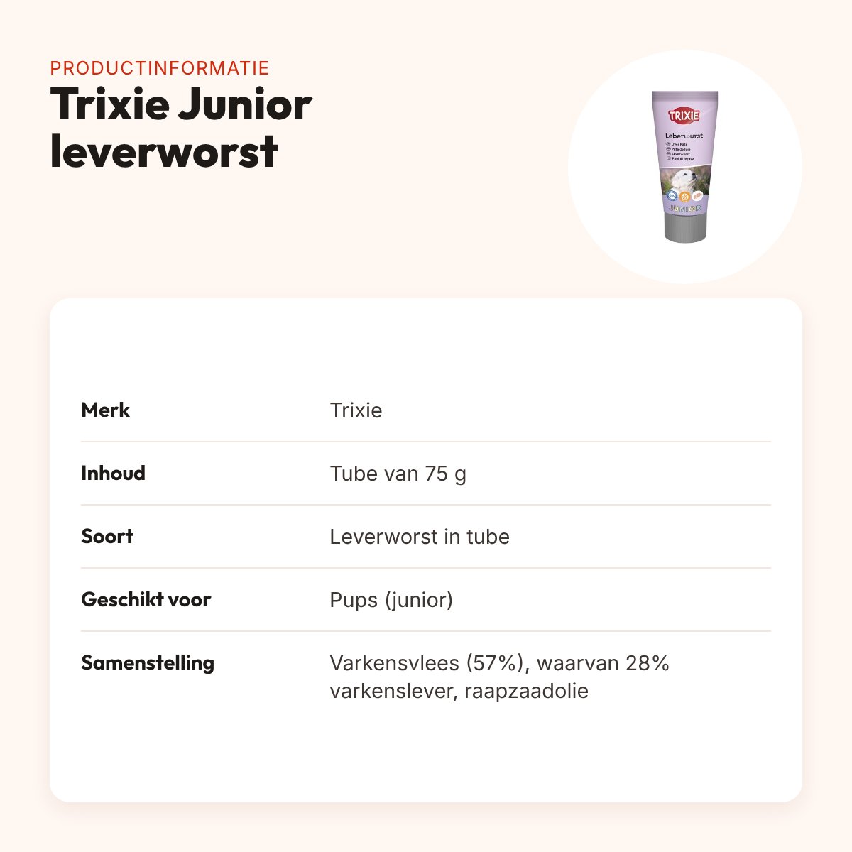 Trixie Junior leverworst in tube 75 g – glutenvrij, voor pups – productinformatie