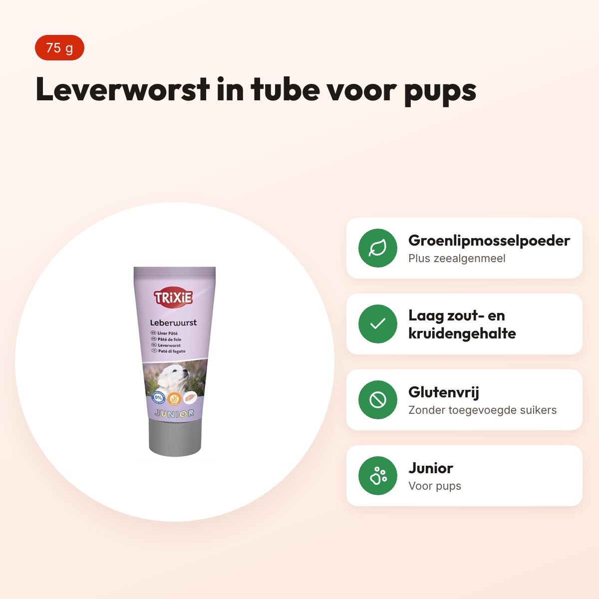 Trixie Junior leverworst in tube 75 g – glutenvrij, voor pups – voordelen