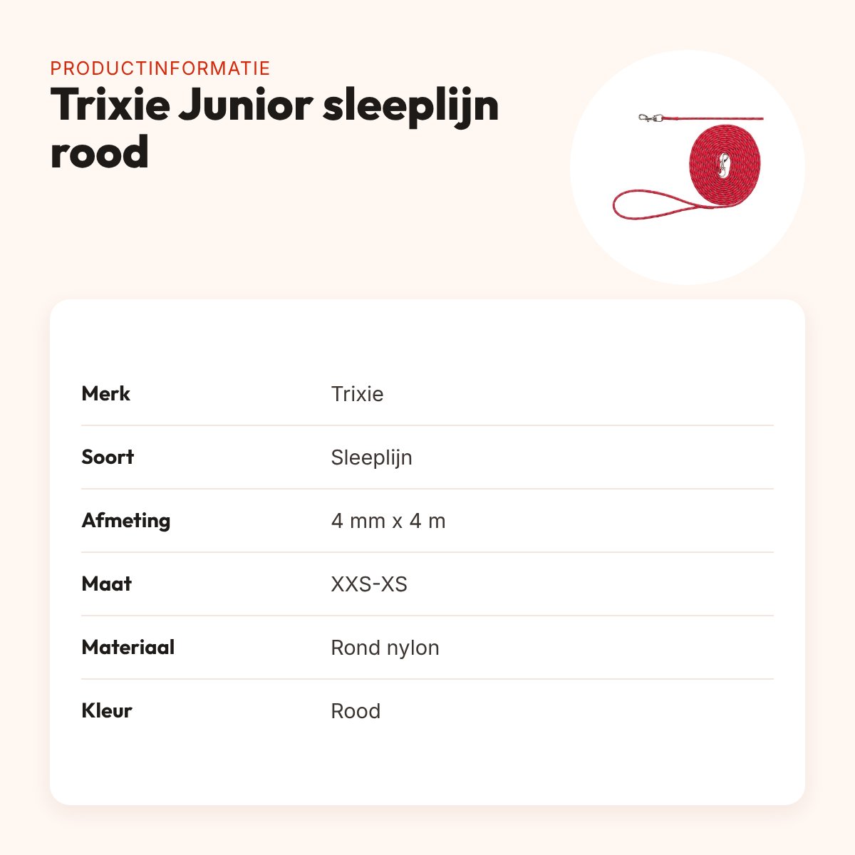 Trixie Junior sleeplijn rood 4 mm x 4 m – rond nylon, met handlus – productinformatie