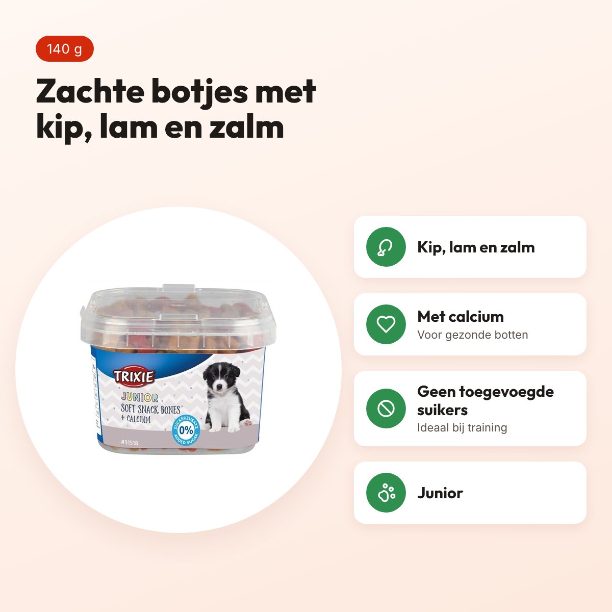 Trixie Junior Soft Snack Bones met calcium 140 g – kip, lam en zalm – voordelen