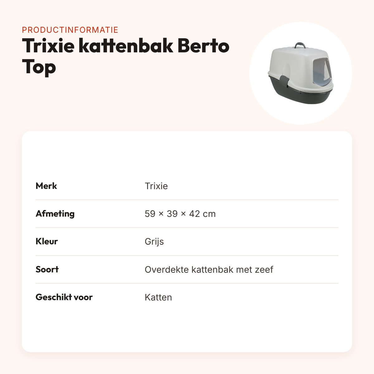 Trixie kattenbak Berto Top grijs 59 x 39 x 42 cm – overdekt, met zeef – productinformatie