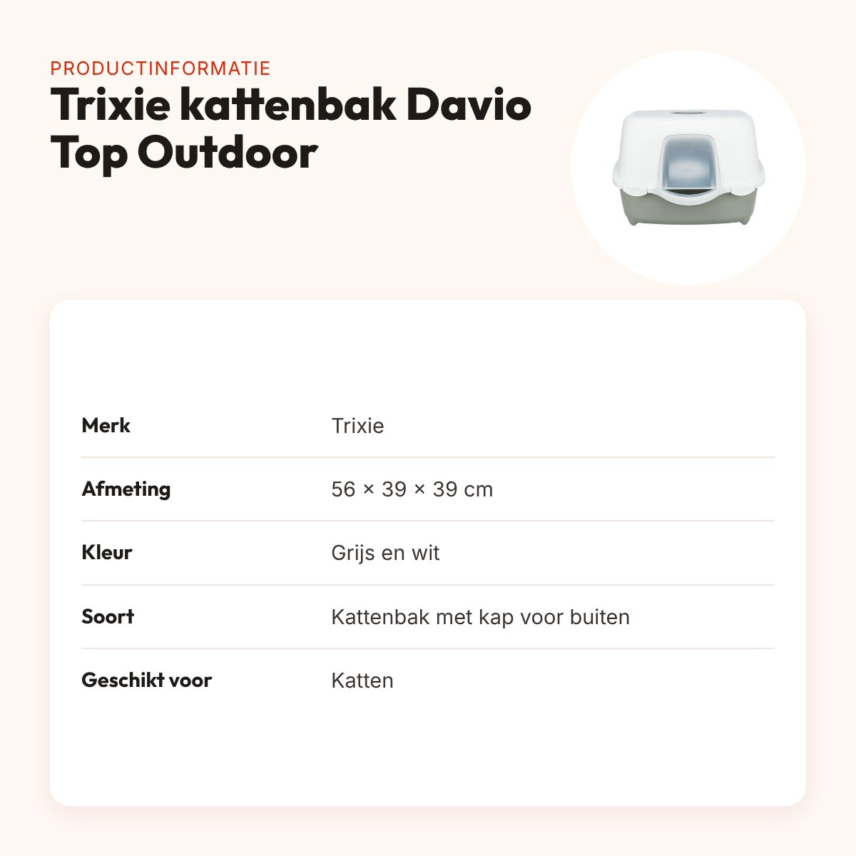 Trixie kattenbak Davio Top Outdoor grijs/wit 56 x 39 x 39 cm – met kap – productinformatie