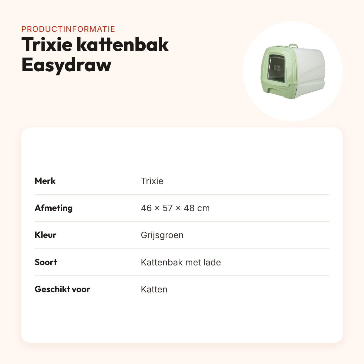 Trixie kattenbak Easydraw grijsgroen 46 x 57 x 48 cm – met lade – productinformatie