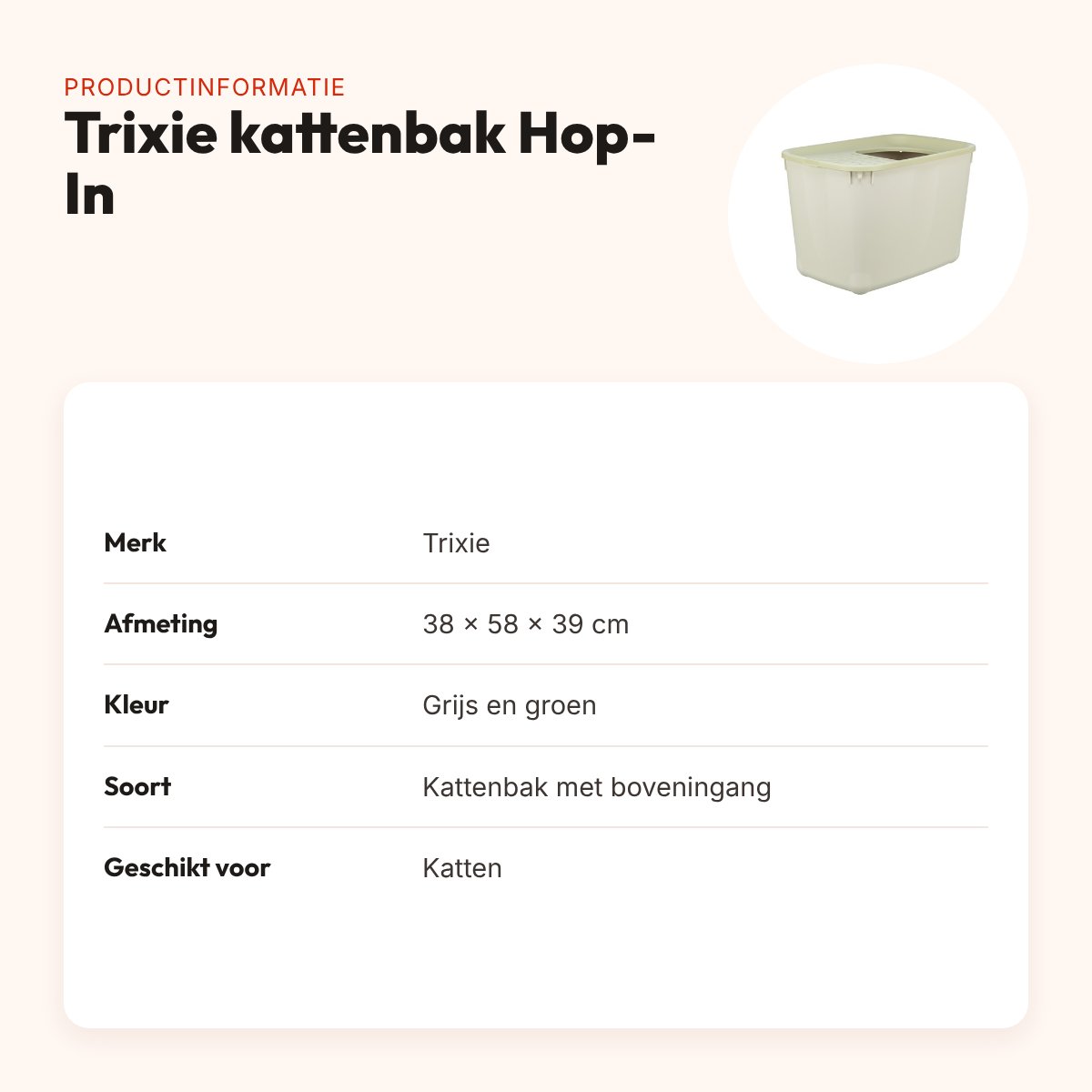Trixie kattenbak Hop-In grijs/groen 38 x 58 x 39 cm – boveningang – productinformatie