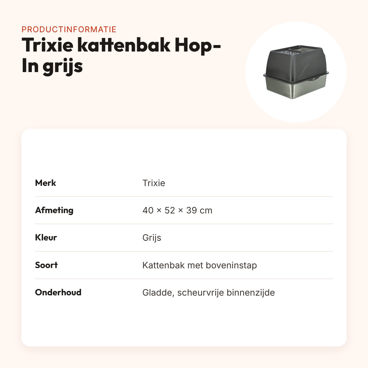 Trixie kattenbak Hop-In RVS grijs 40 x 52 x 39 cm – boveninstap – productinformatie