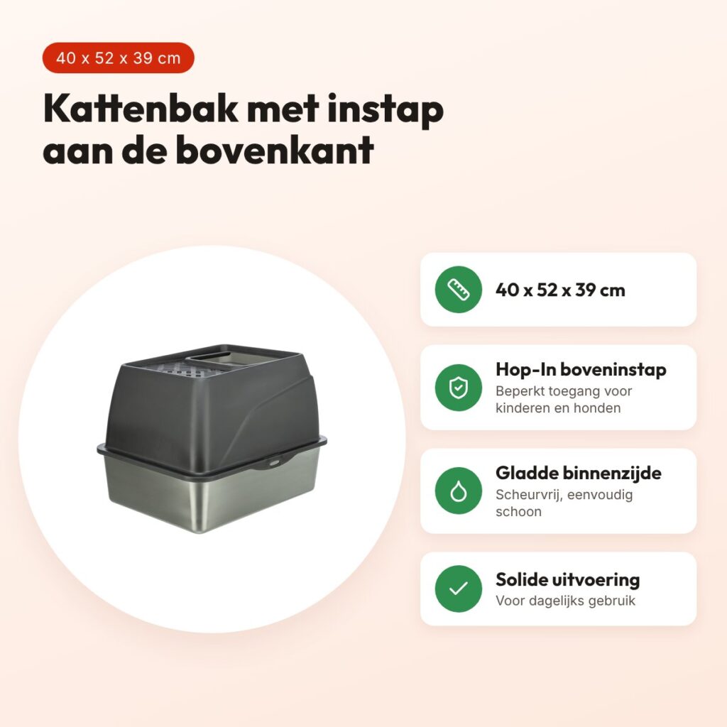 Trixie kattenbak Hop-In RVS grijs 40 x 52 x 39 cm – boveninstap – voordelen