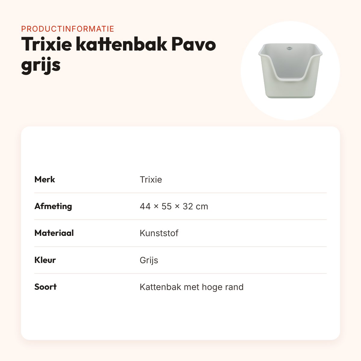 Trixie kattenbak Pavo hoge rand grijs 44 x 55 x 32 cm – productinformatie