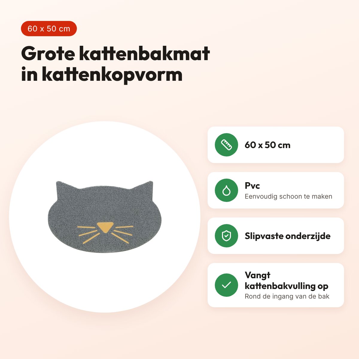 Trixie kattenbakmat kattenkop pvc lichtgrijs 60 x 50 cm – voordelen
