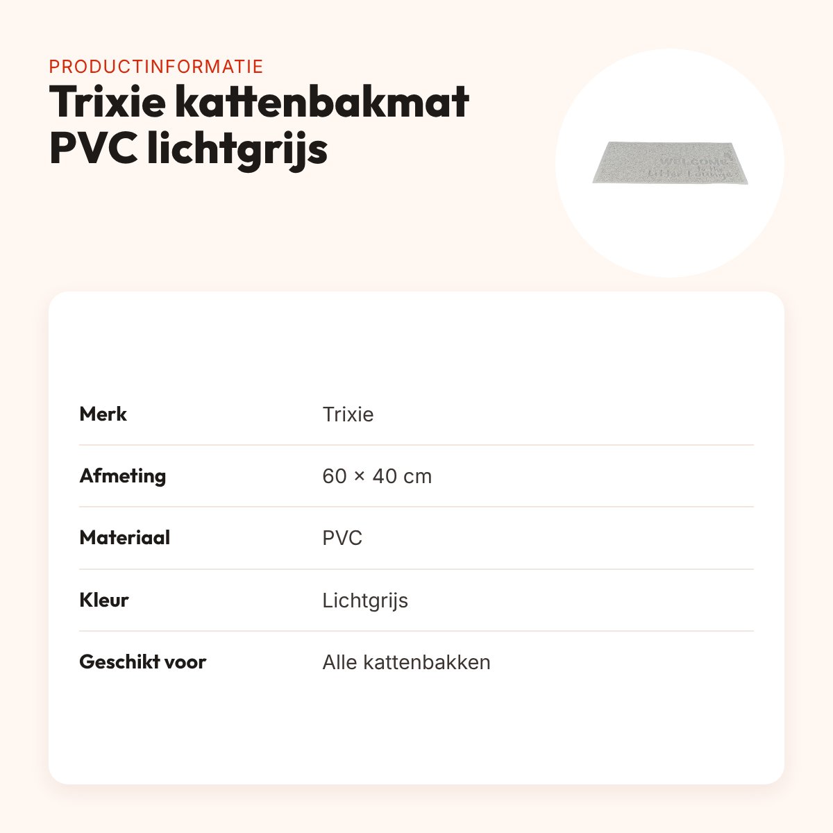 Trixie kattenbakmat PVC lichtgrijs 60 x 40 cm – slipvast – productinformatie