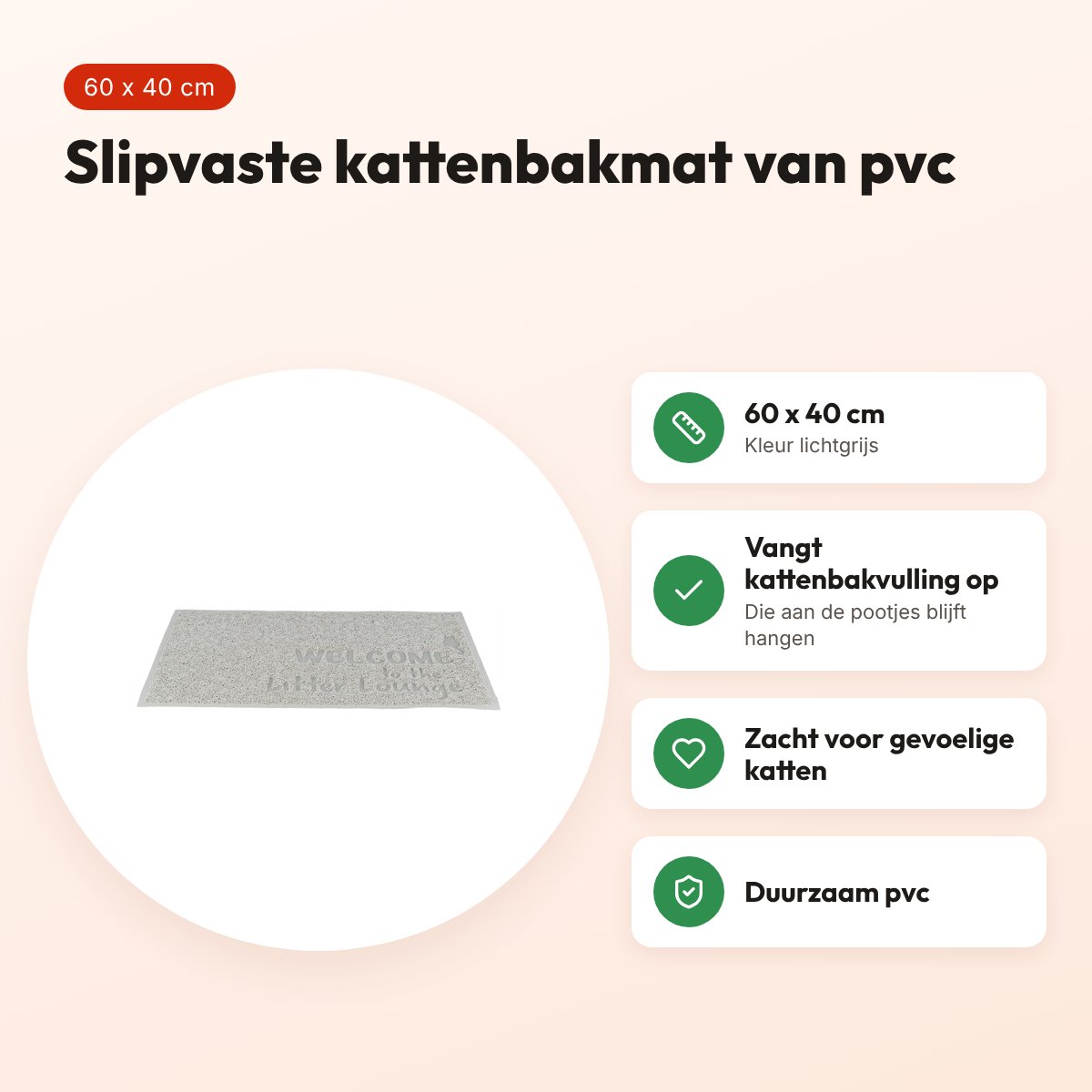 Trixie kattenbakmat PVC lichtgrijs 60 x 40 cm – slipvast – voordelen