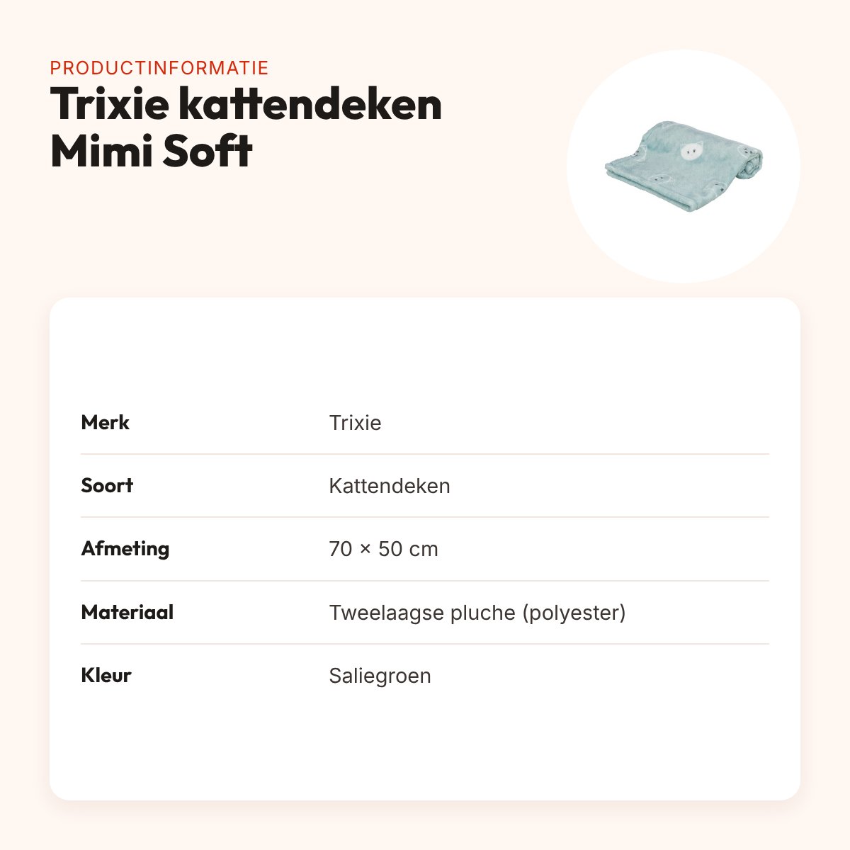 Trixie kattendeken Mimi Soft saliegroen 70 x 50 cm – hypoallergeen – productinformatie