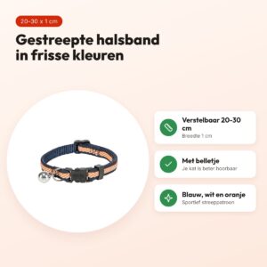 Trixie kattenhalsband gestreept blauw/oranje 20-30 x 1 cm – met belletje – voordelen