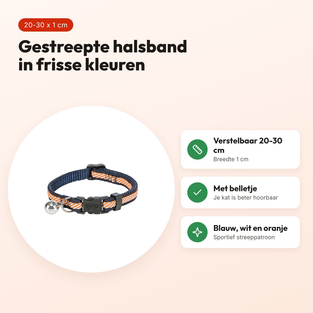 Trixie kattenhalsband gestreept blauw/oranje 20-30 x 1 cm – met belletje – voordelen