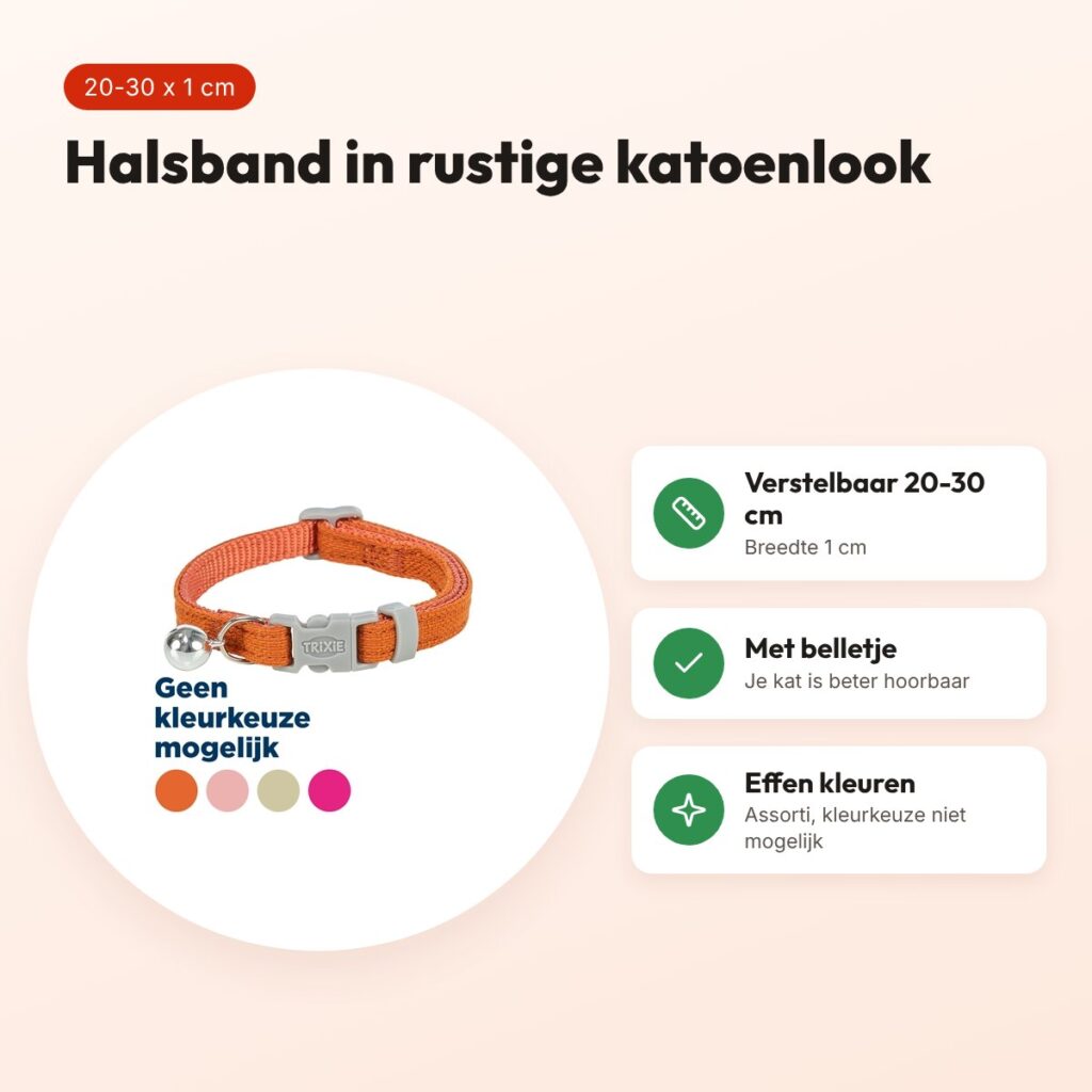 Trixie kattenhalsband katoenlook assorti 20-30 x 1 cm – effen kleuren – voordelen