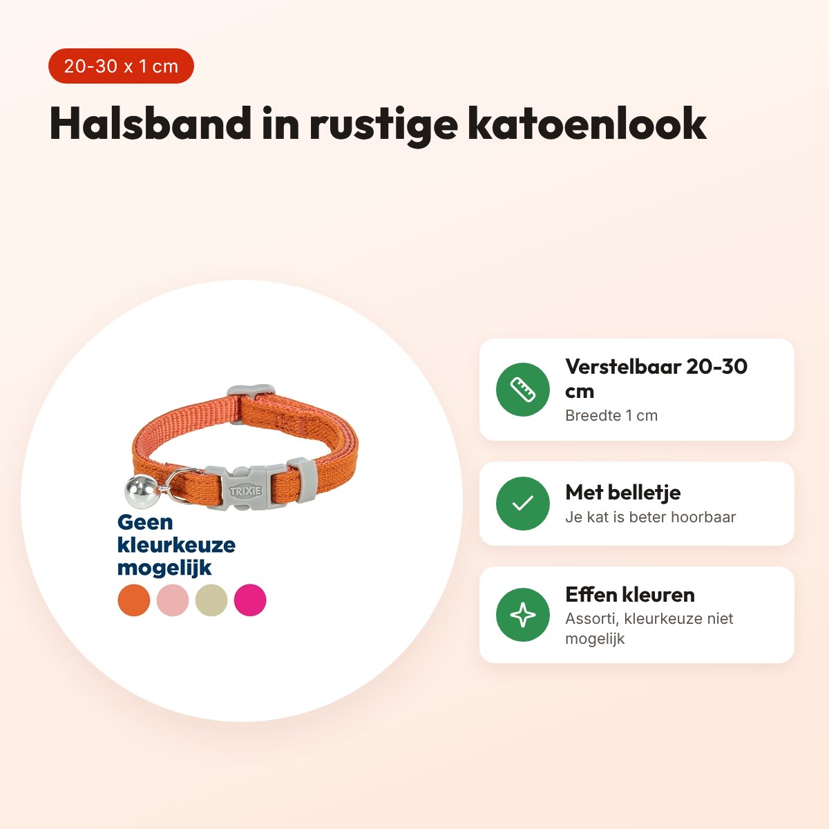 Trixie kattenhalsband katoenlook assorti 20-30 x 1 cm – effen kleuren – voordelen