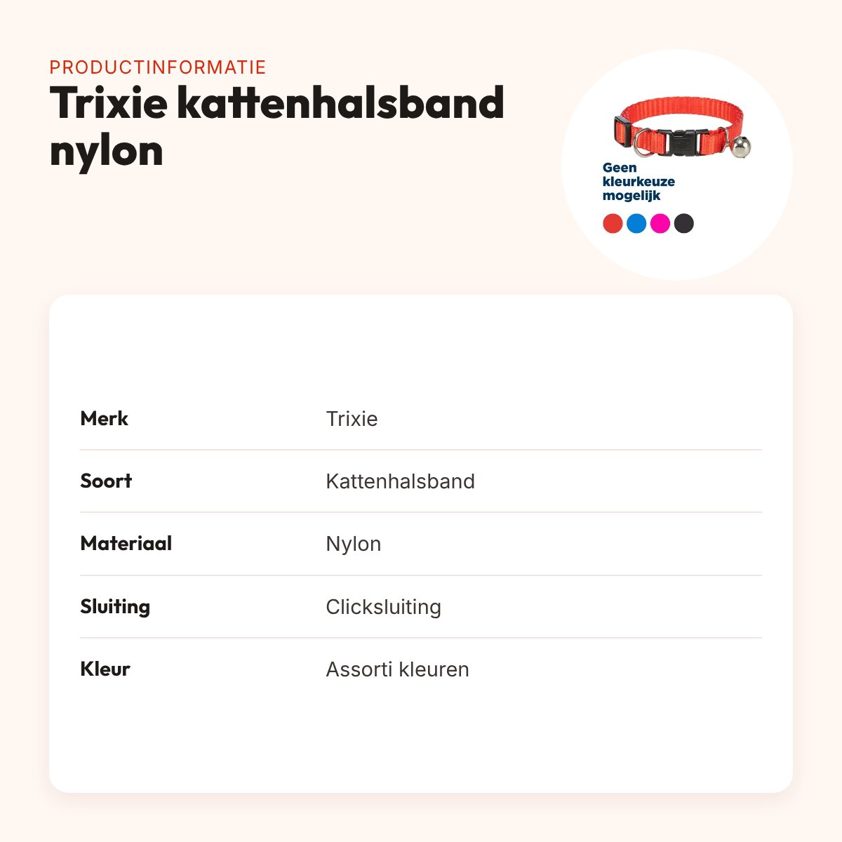 Trixie kattenhalsband nylon verstelbaar – assorti kleuren – productinformatie