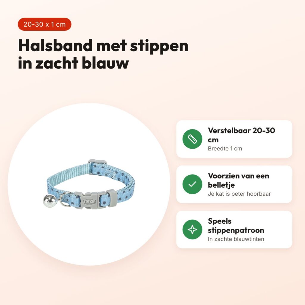 Trixie kattenhalsband stippenmotief blauw 20-30 x 1 cm – met belletje – voordelen
