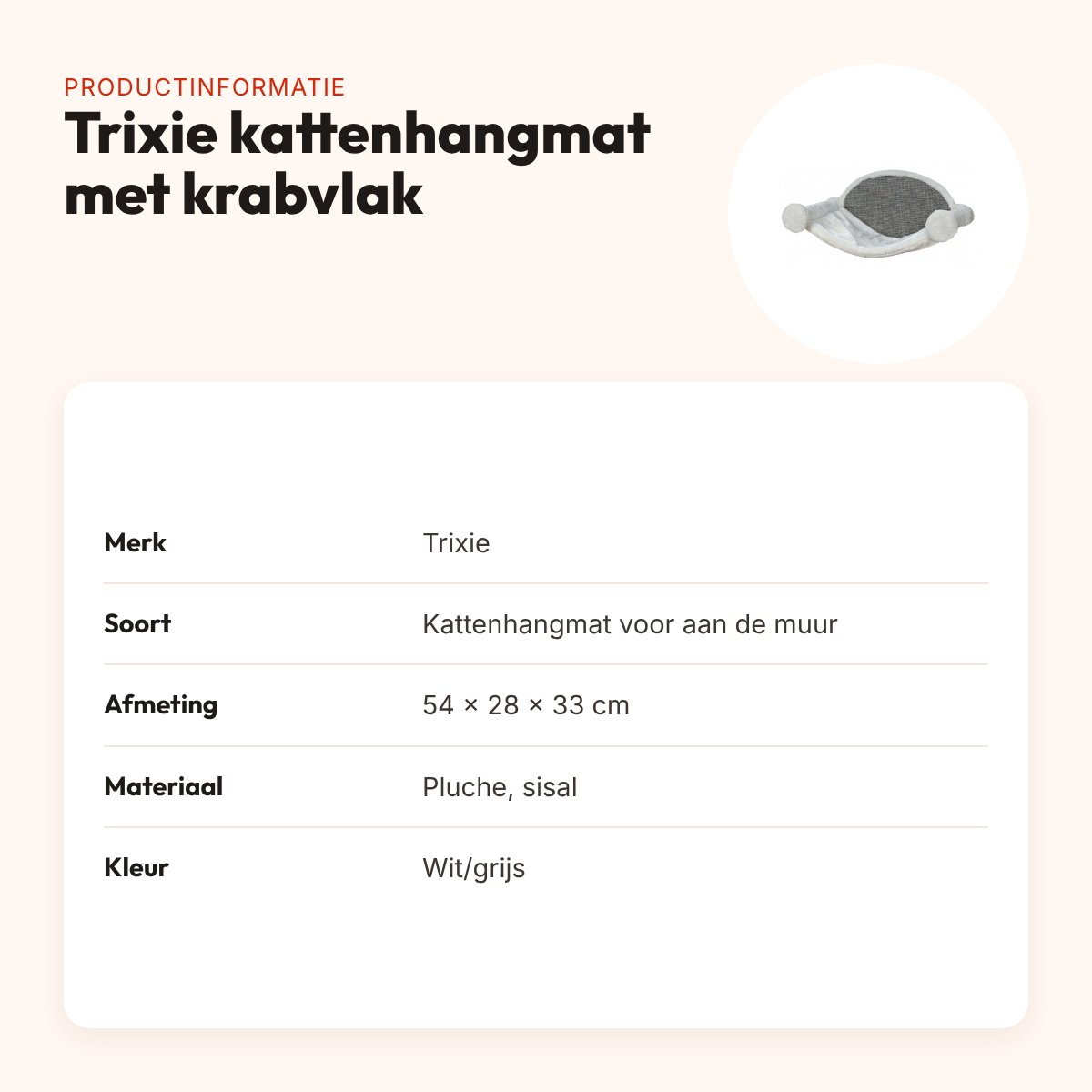 Trixie kattenhangmat voor aan de muur wit/grijs 54 x 28 x 33 cm – krabvlak – productinformatie