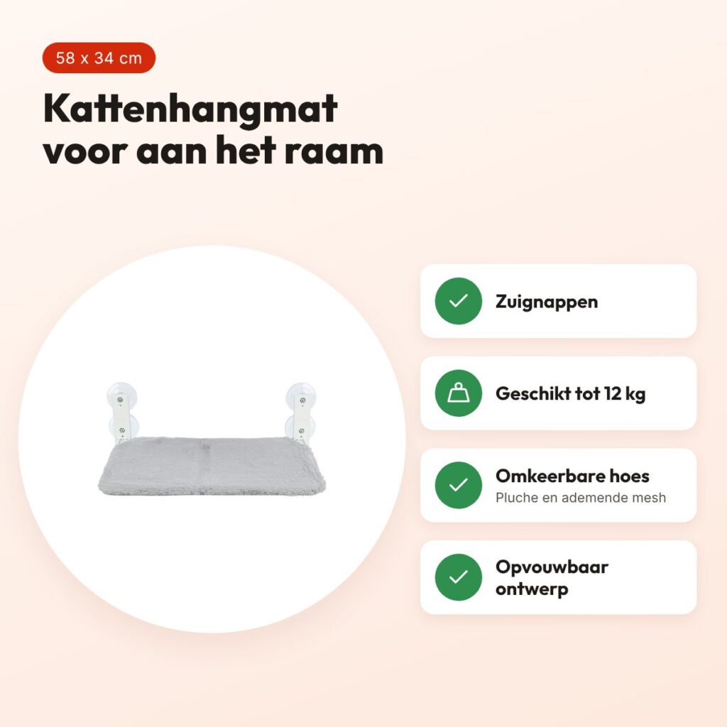 Trixie kattenhangmat voor aan het raam pluche/mesh wit/grijs 58 x 34 cm – voordelen