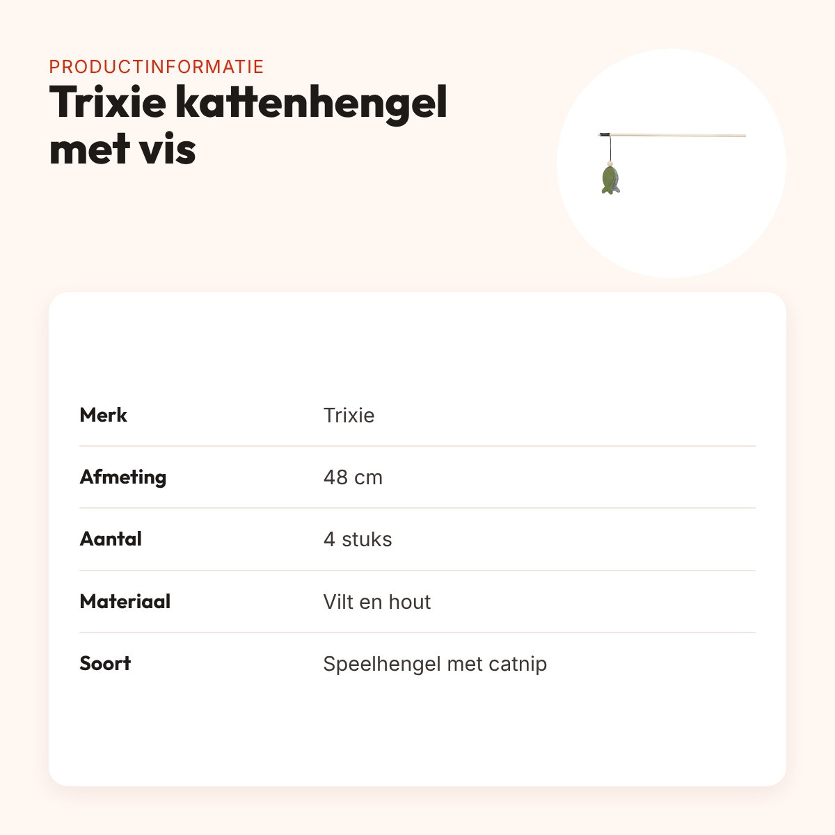 Trixie kattenhengel met vis en catnip 48 cm, 4 stuks – vilt en hout – productinformatie