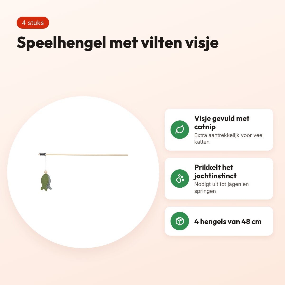 Trixie kattenhengel met vis en catnip 48 cm, 4 stuks – vilt en hout – voordelen