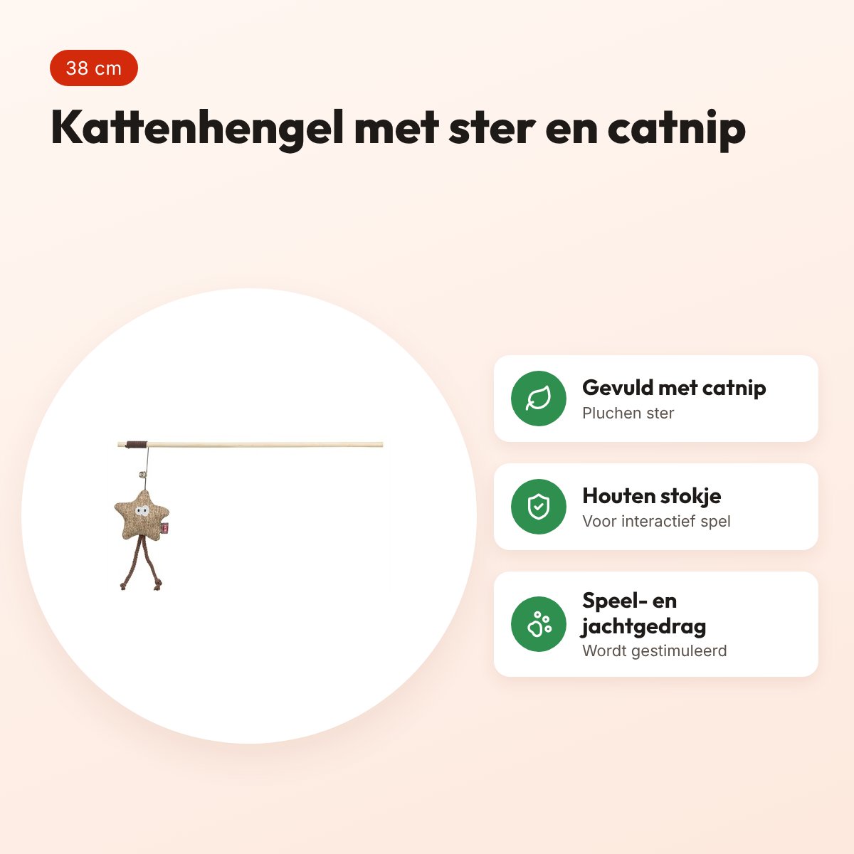Trixie kattenhengel ster van hout en pluche met catnip 38 cm – voordelen