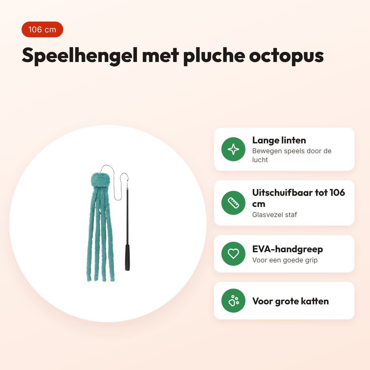 Trixie kattenhengel telescopisch met pluche octopus groen 106 cm – voordelen