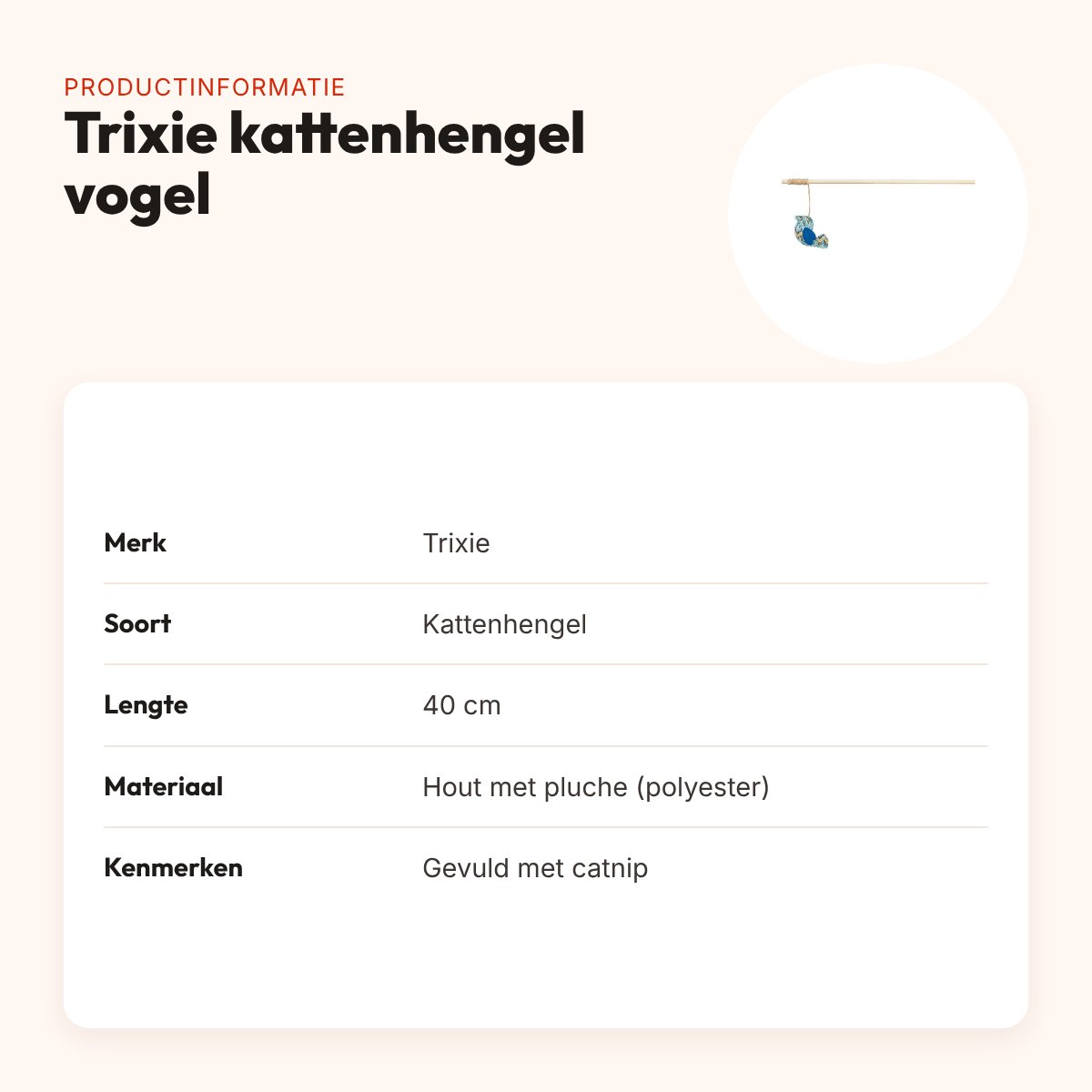 Trixie kattenhengel vogel van hout en pluche met catnip 40 cm – productinformatie