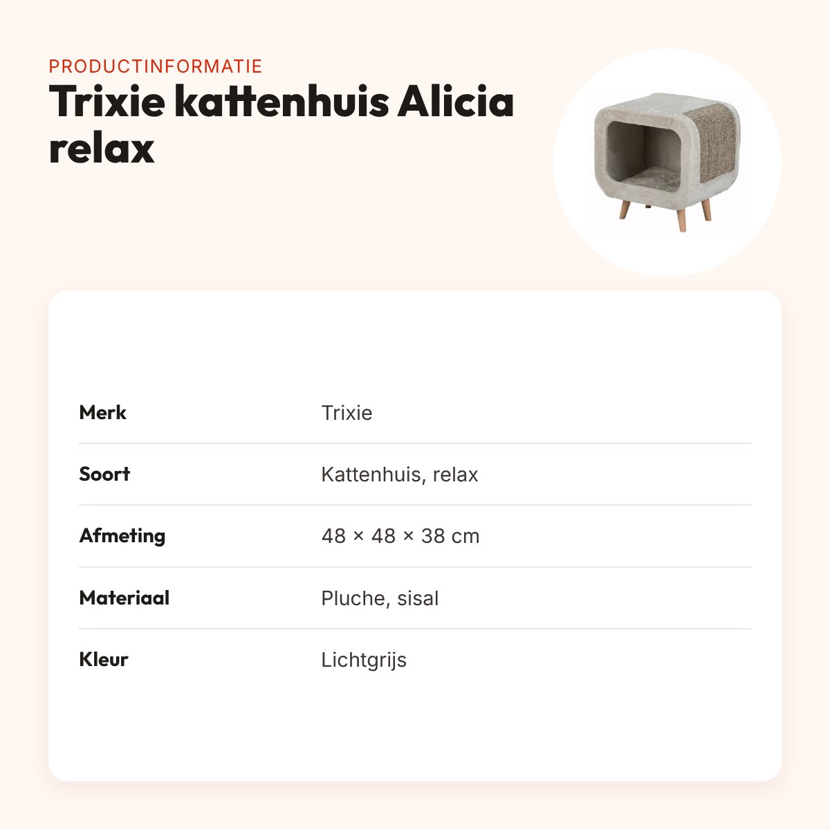 Trixie kattenhuis Alicia relax lichtgrijs 48 x 48 x 38 cm – met krabvlak – productinformatie