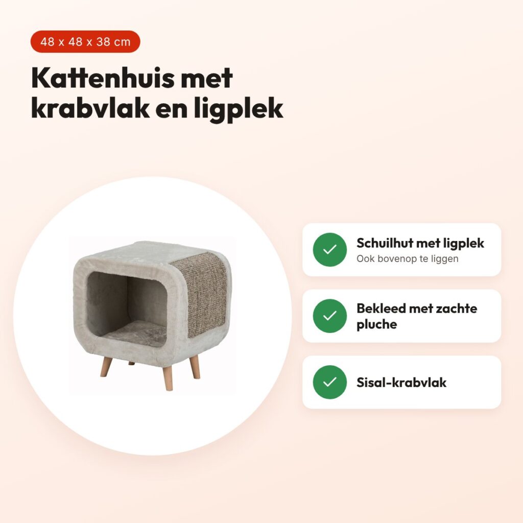 Trixie kattenhuis Alicia relax lichtgrijs 48 x 48 x 38 cm – met krabvlak – voordelen