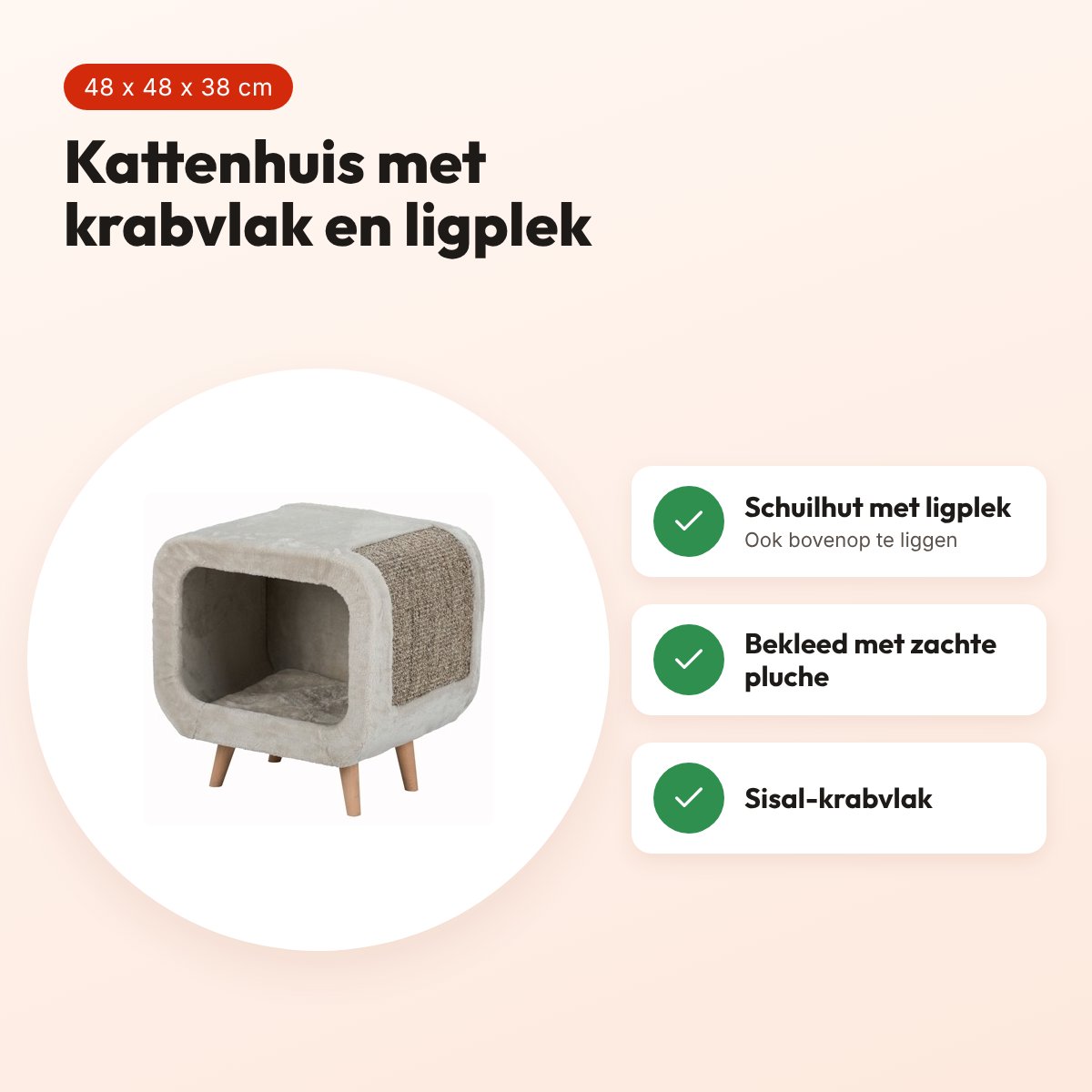 Trixie kattenhuis Alicia relax lichtgrijs 48 x 48 x 38 cm – met krabvlak – voordelen