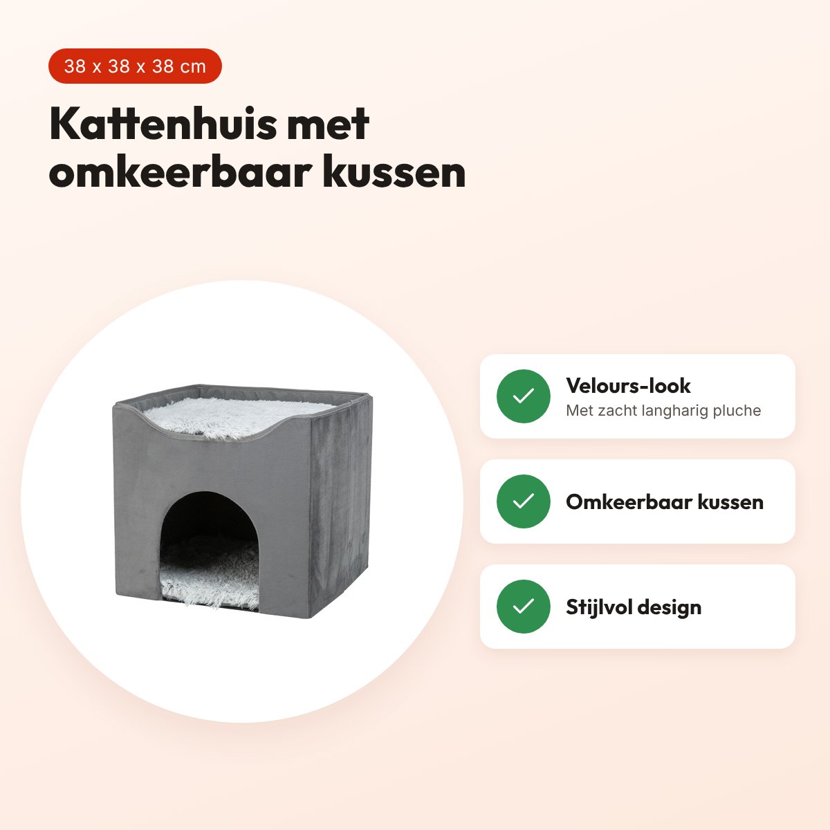 Trixie kattenhuis Harvey grijs-wit/zwart 38 x 38 x 38 cm – keerbaar kussen – voordelen