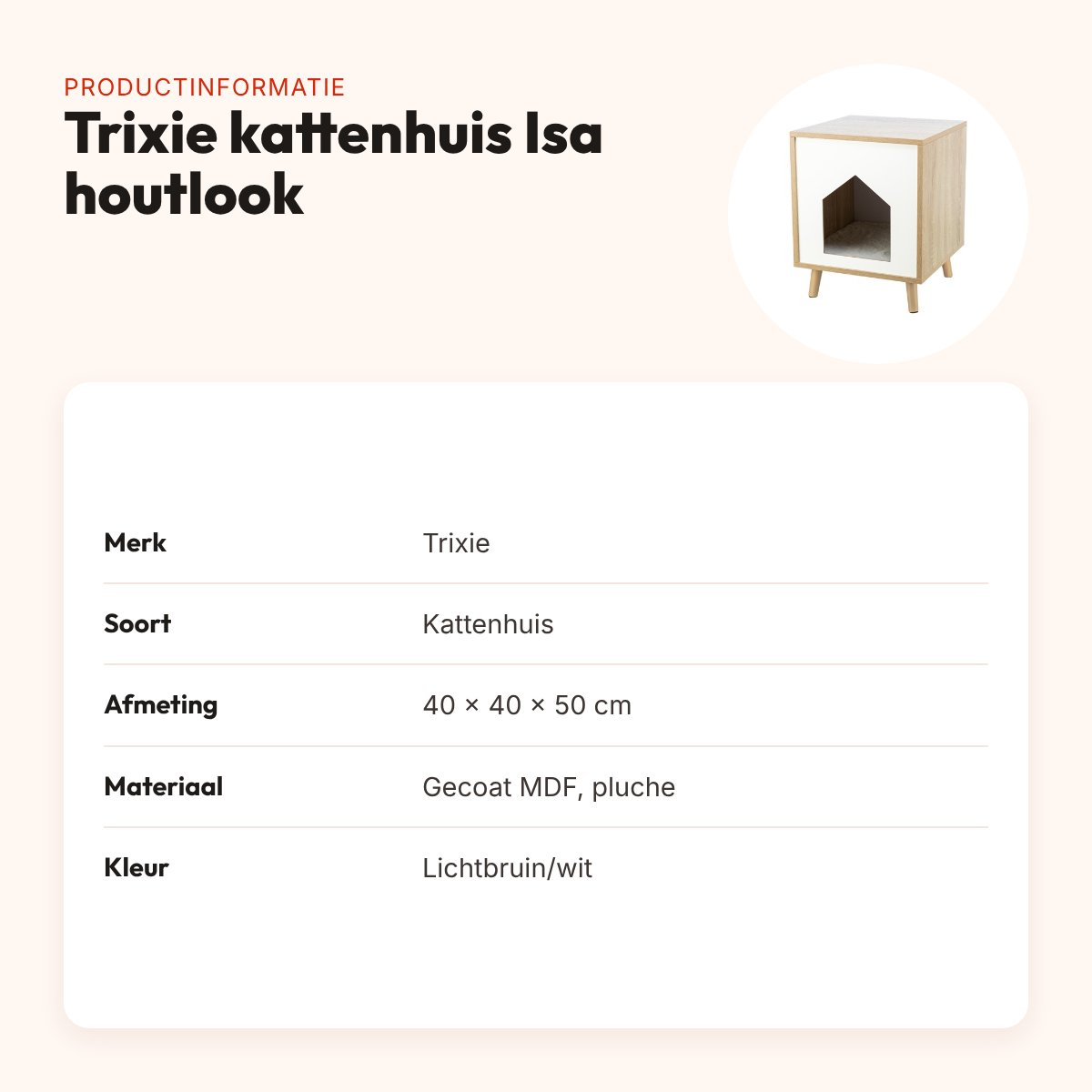 Trixie kattenhuis Isa houtlook lichtbruin/wit 40 x 40 x 50 cm – met kussen – productinformatie