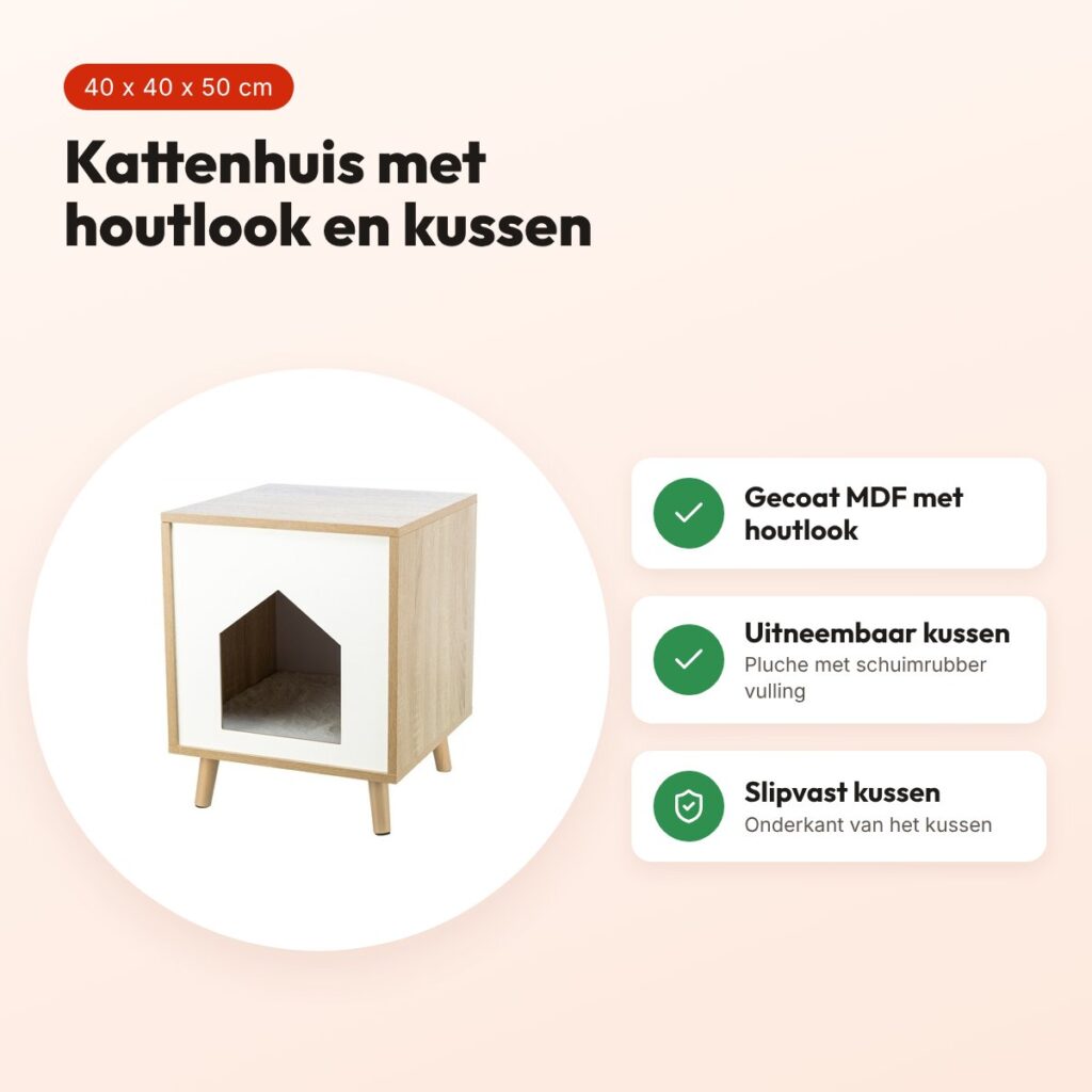 Trixie kattenhuis Isa houtlook lichtbruin/wit 40 x 40 x 50 cm – met kussen – voordelen