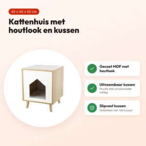 Trixie kattenhuis Isa houtlook lichtbruin/wit 40 x 40 x 50 cm – met kussen – voordelen