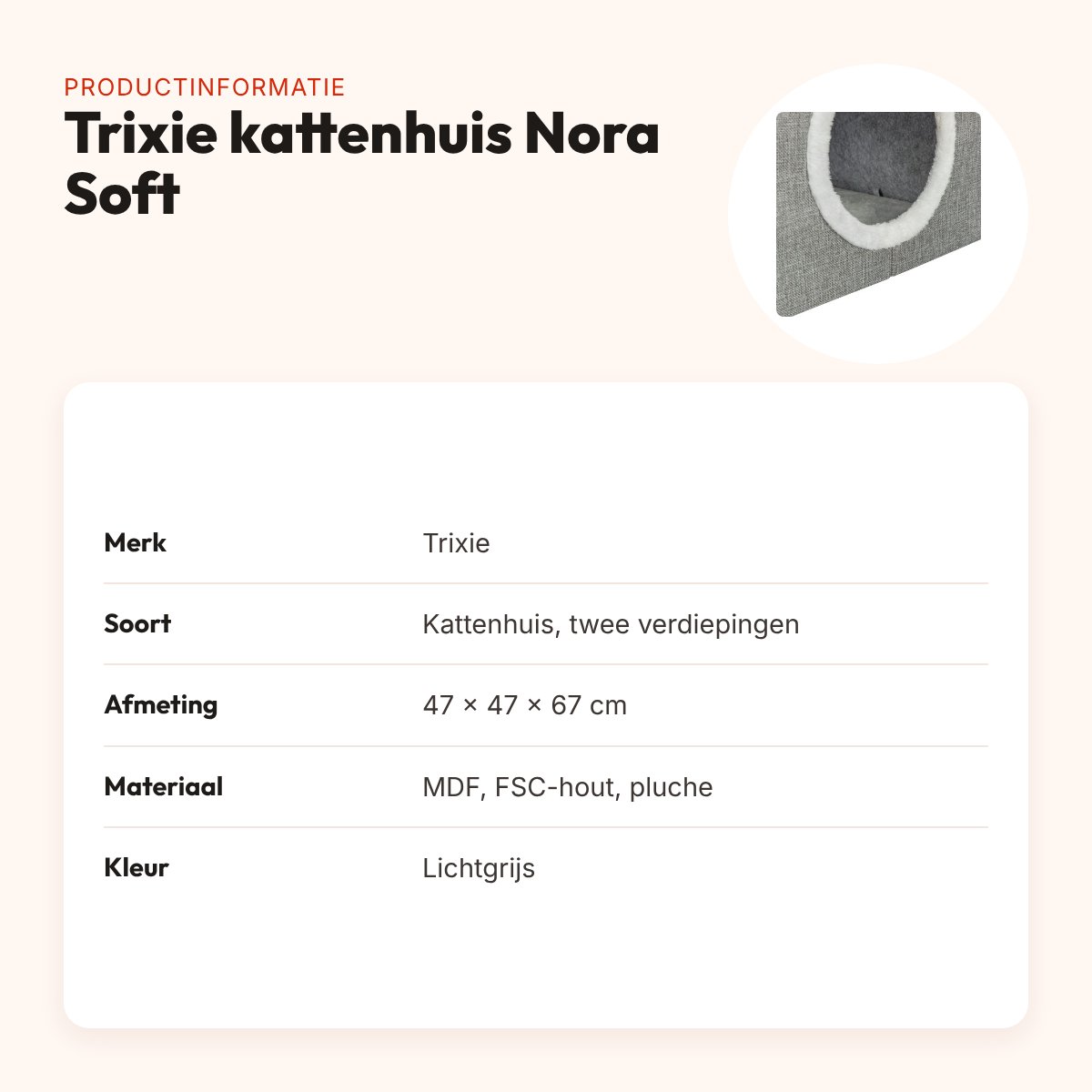 Trixie kattenhuis Nora Soft twee verdiepingen lichtgrijs 47 x 47 x 67 cm – productinformatie