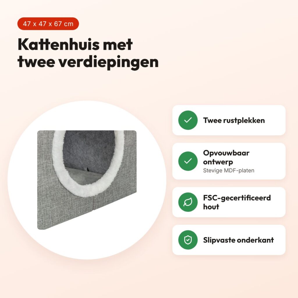 Trixie kattenhuis Nora Soft twee verdiepingen lichtgrijs 47 x 47 x 67 cm – voordelen