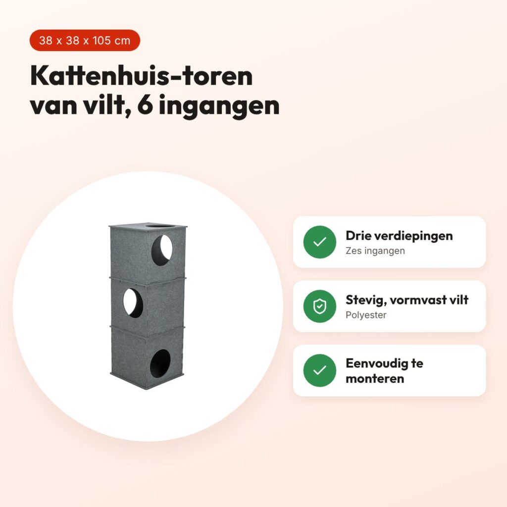 Trixie kattenhuis toren Nele vilt grijs 38 x 38 x 105 cm – 6 ingangen – voordelen